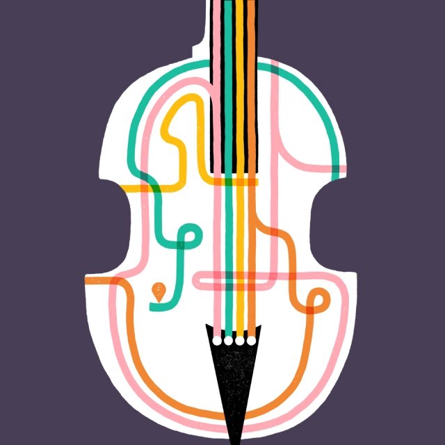 Illustration of a cello with colored lines like routes on a map